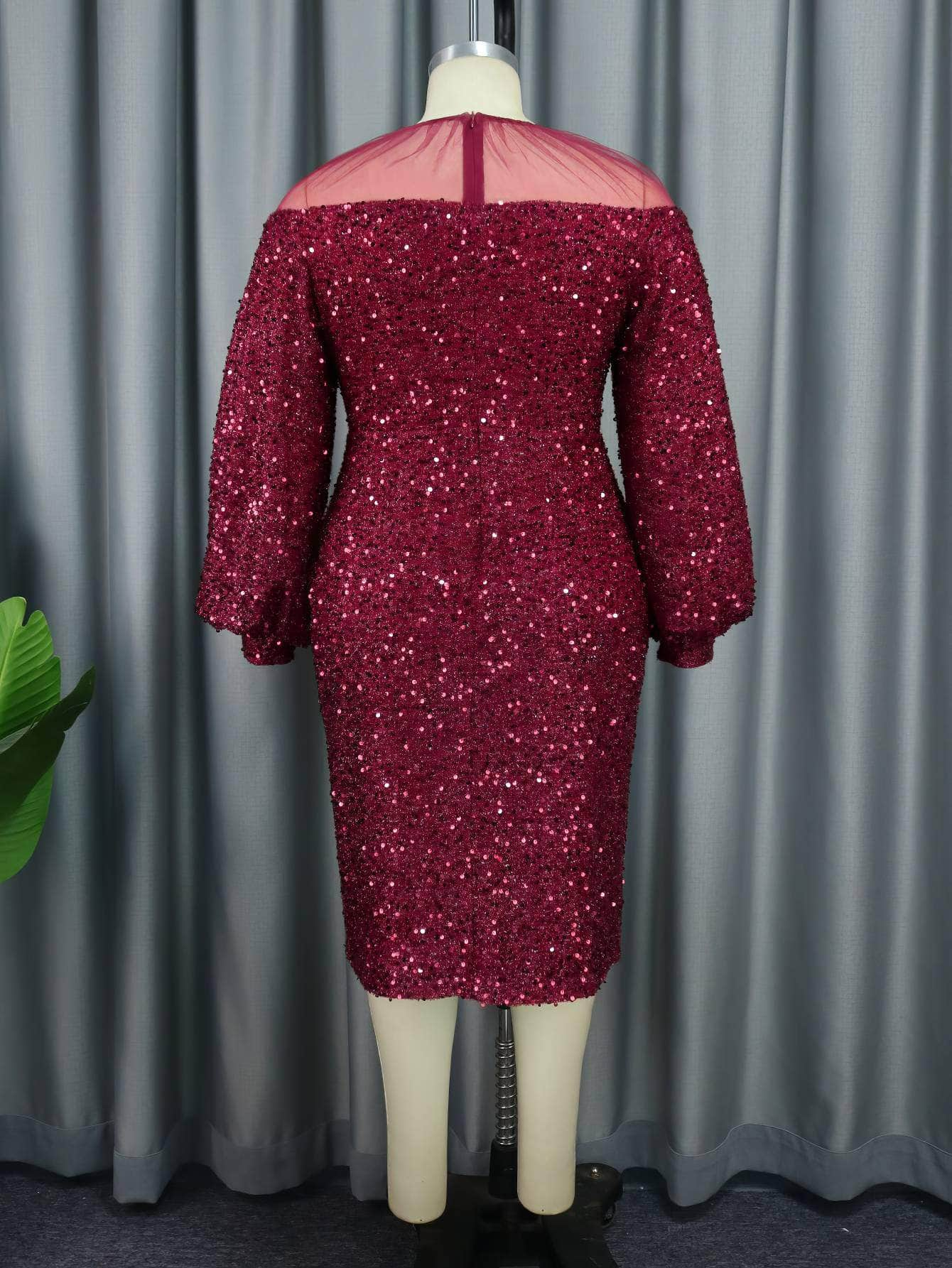 Lantern Sleeves Bodycon Sequin Midi Dress