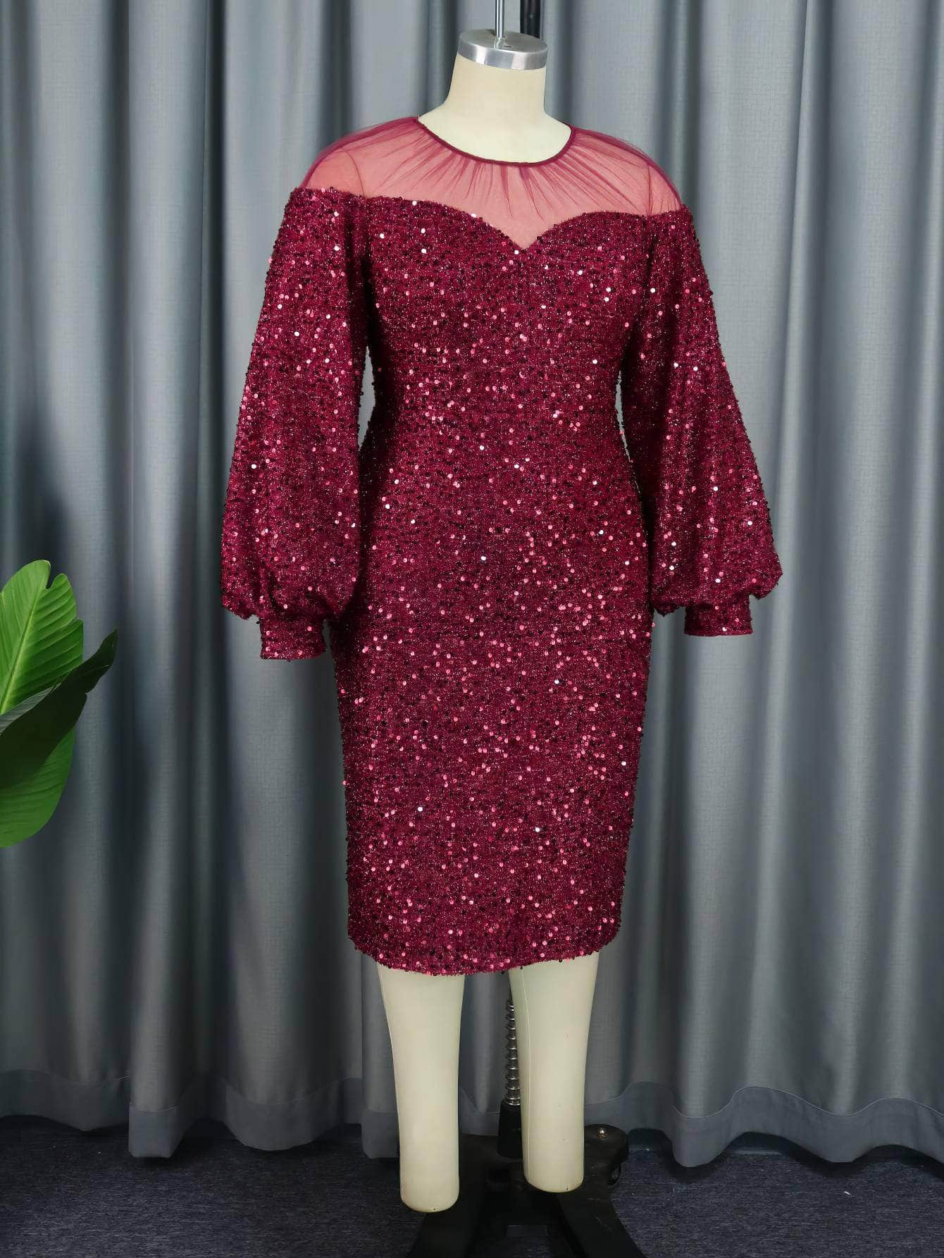 Lantern Sleeves Bodycon Sequin Midi Dress