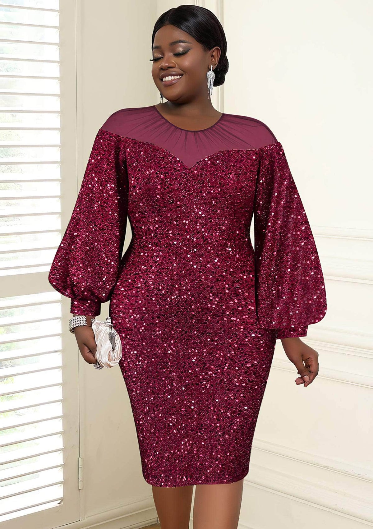 Lantern Sleeves Bodycon Sequin Midi Dress US 4-6 / Maroon