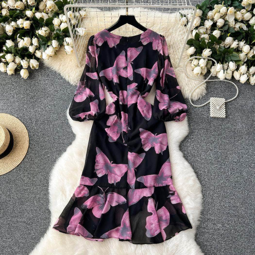 Lantern Sleeves Butterfly Print Flared Hem Dress