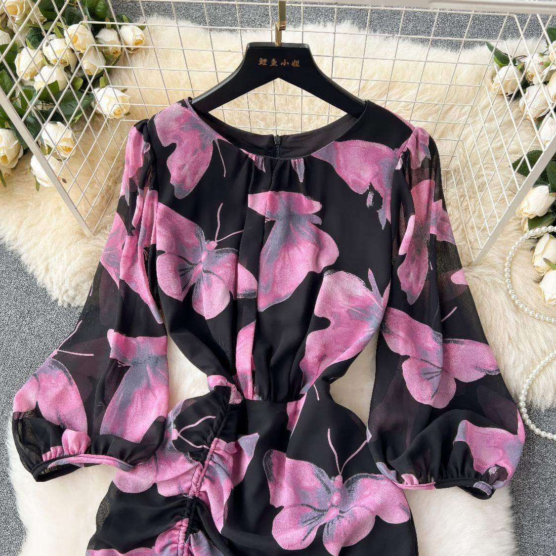 Lantern Sleeves Butterfly Print Flared Hem Dress