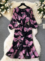 Lantern Sleeves Butterfly Print Flared Hem Dress S / Pink