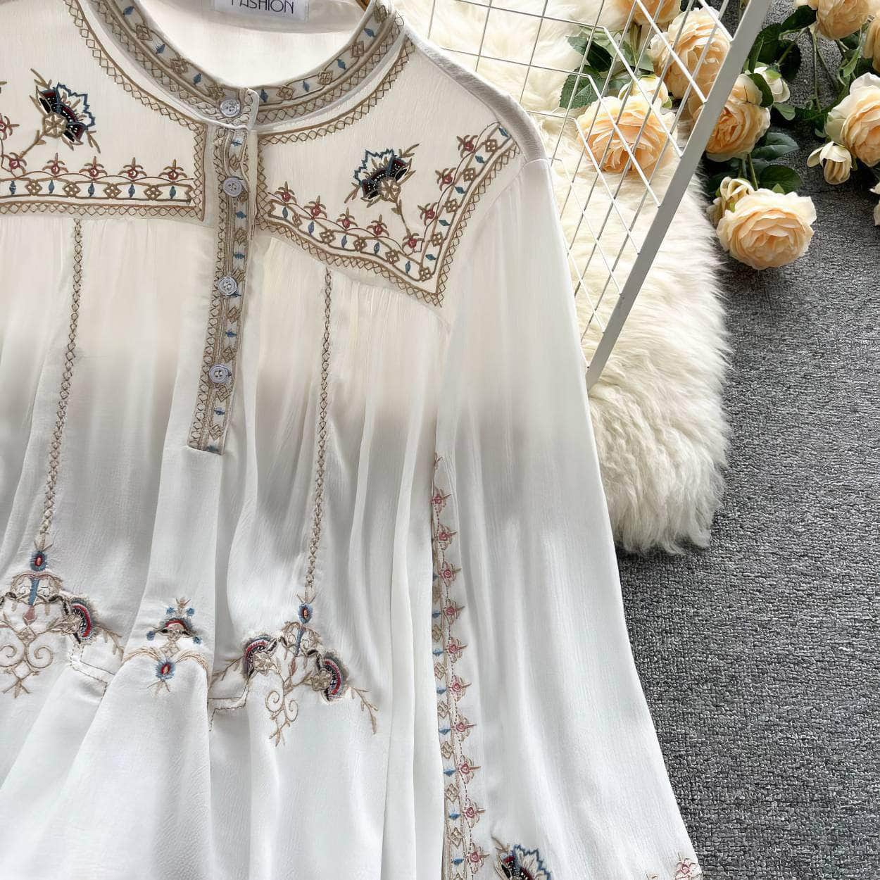 Lantern Sleeves Embroidered Knitted Blouse