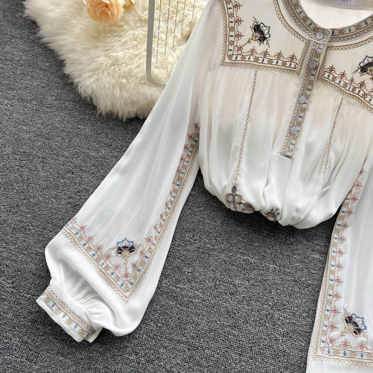 Lantern Sleeves Embroidered Knitted Blouse