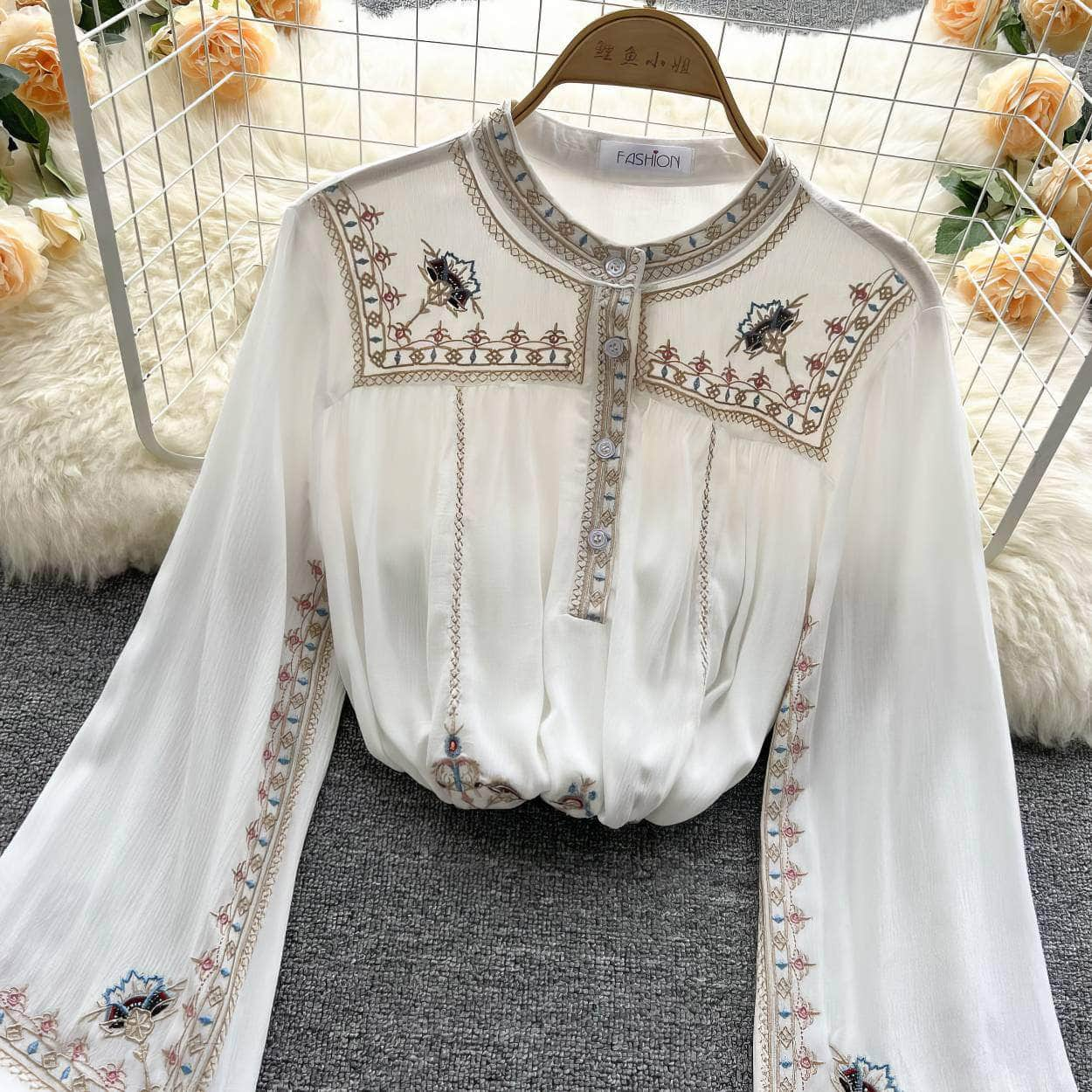 Lantern Sleeves Embroidered Knitted Blouse