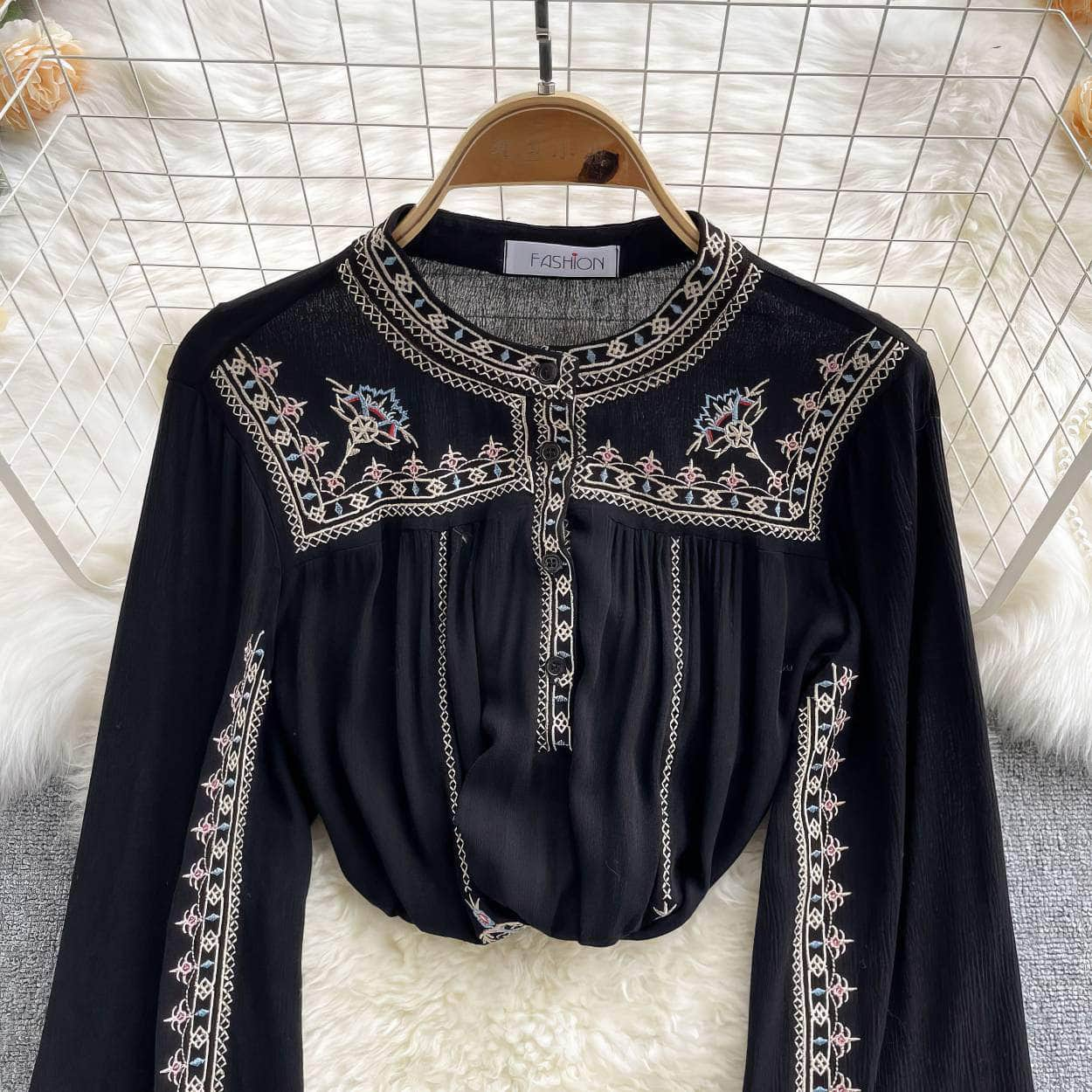 Lantern Sleeves Embroidered Knitted Blouse