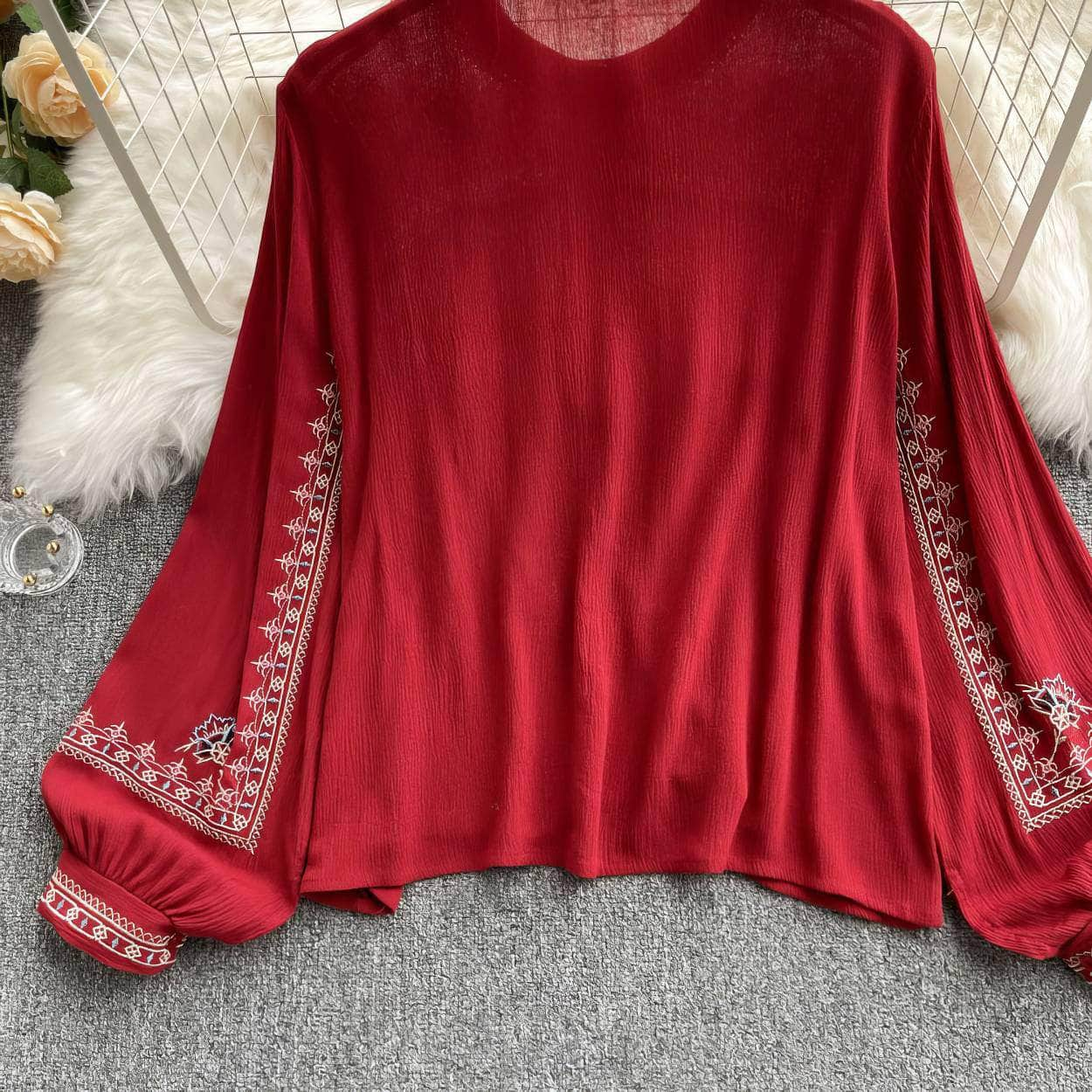 Lantern Sleeves Embroidered Knitted Blouse