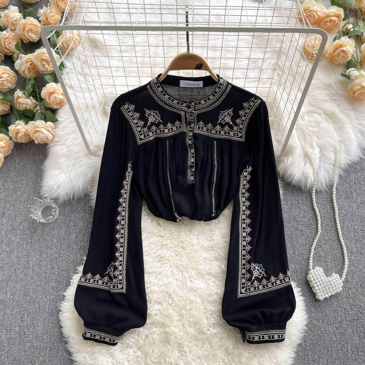 Lantern Sleeves Embroidered Knitted Blouse MAX SIZE / Black