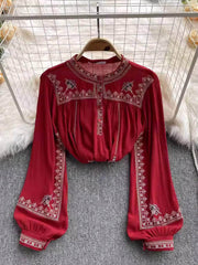 Lantern Sleeves Embroidered Knitted Blouse MAX SIZE / Red