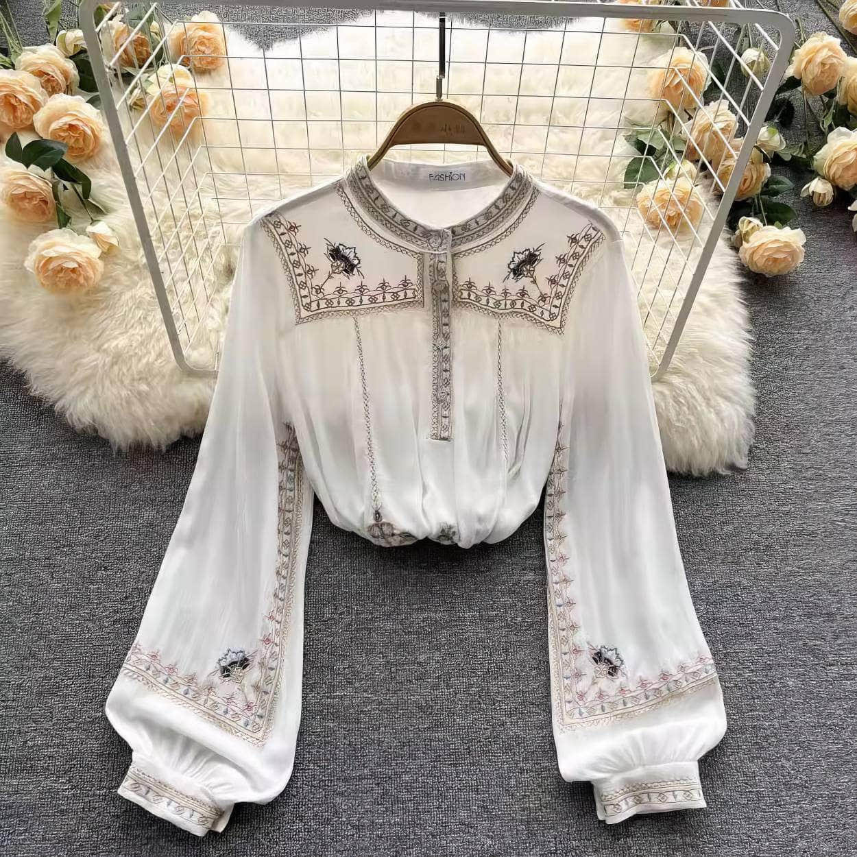 Lantern Sleeves Embroidered Knitted Blouse MAX SIZE / White