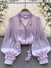 Lantern Sleeves Floral Deco Button Down Mesh Blouse MAX SIZE / Purple