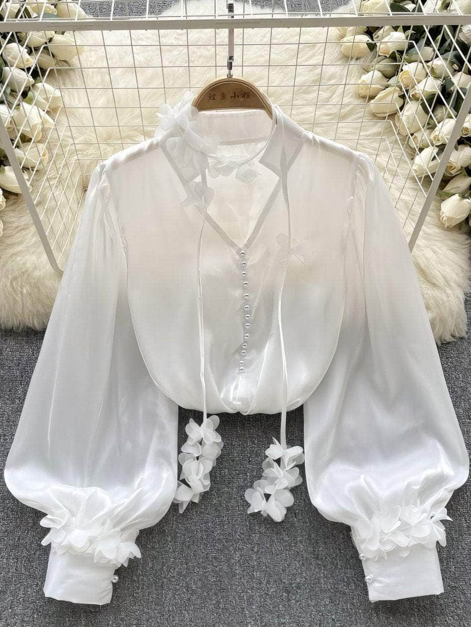 Lantern Sleeves Floral Deco Button Down Mesh Blouse MAX SIZE / White