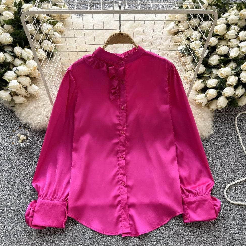 Lantern Sleeves Floral Deco Roundneck Satin Blouse