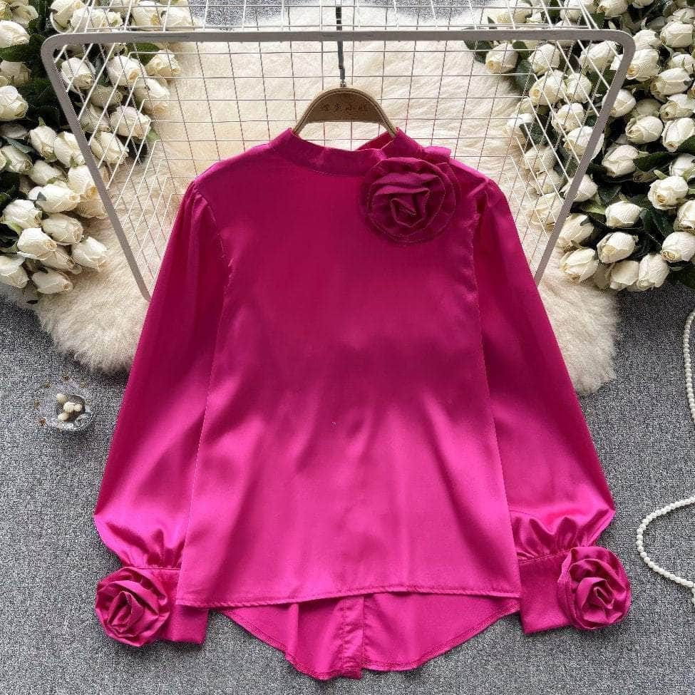 Lantern Sleeves Floral Deco Roundneck Satin Blouse