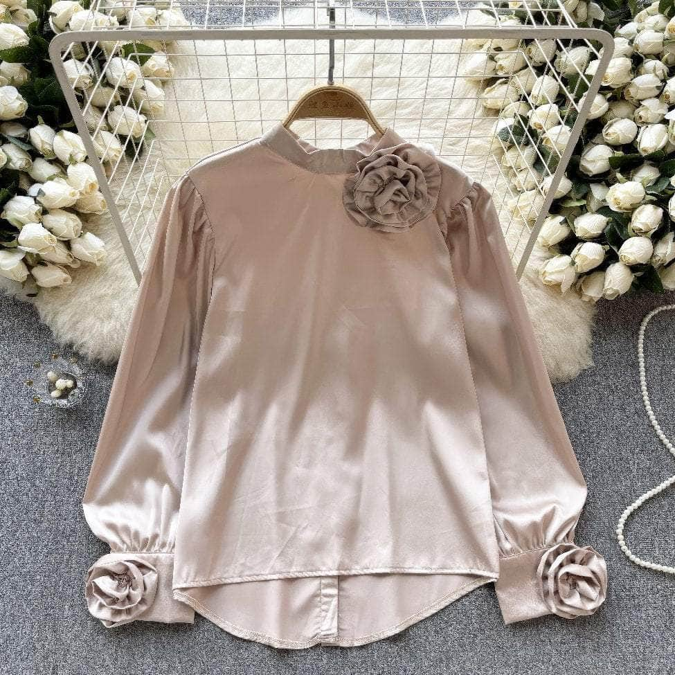 Lantern Sleeves Floral Deco Roundneck Satin Blouse