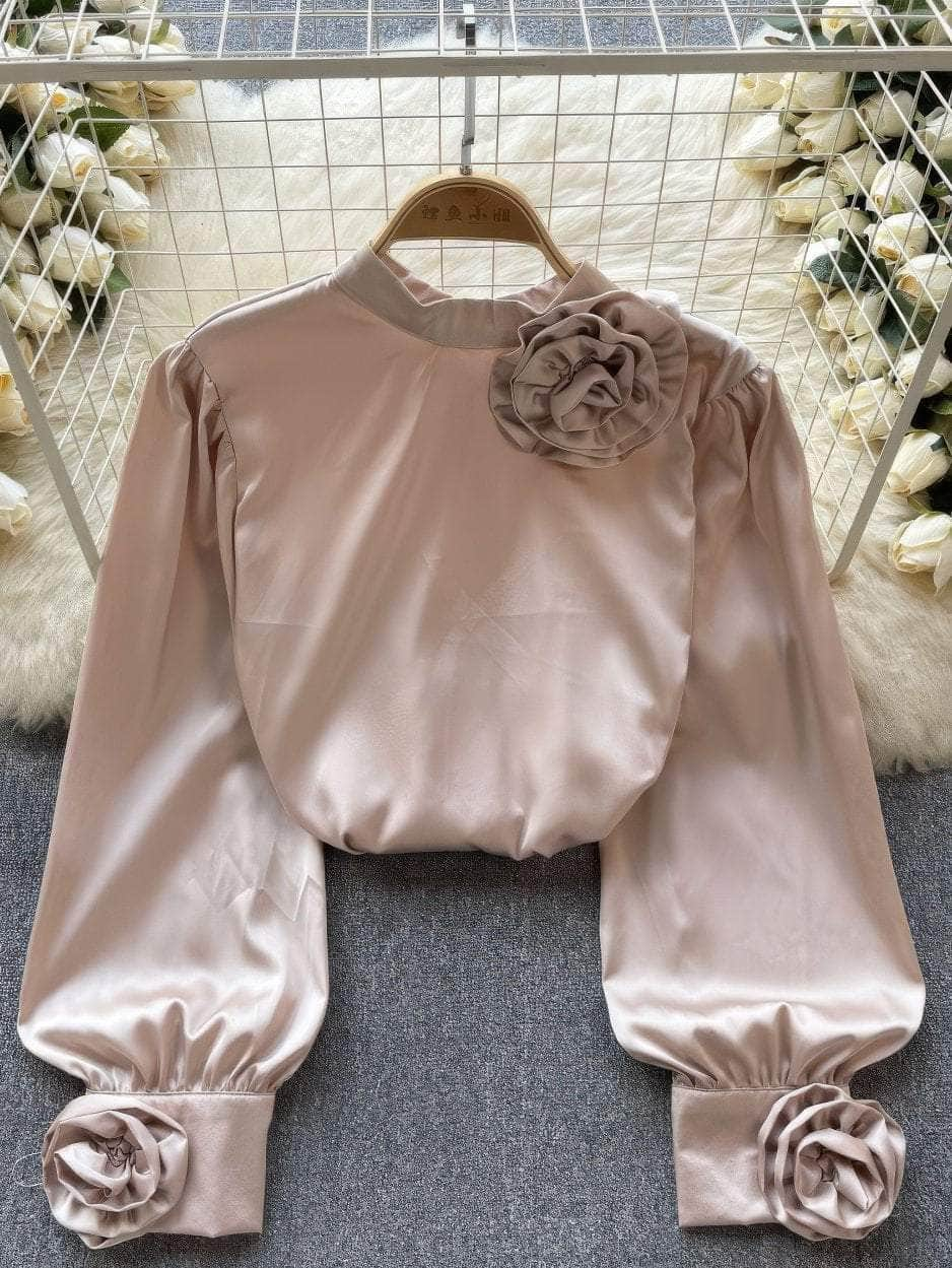 Lantern Sleeves Floral Deco Roundneck Satin Blouse MAX SIZE / Bisque