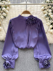 Lantern Sleeves Floral Deco Roundneck Satin Blouse MAX SIZE / Purple