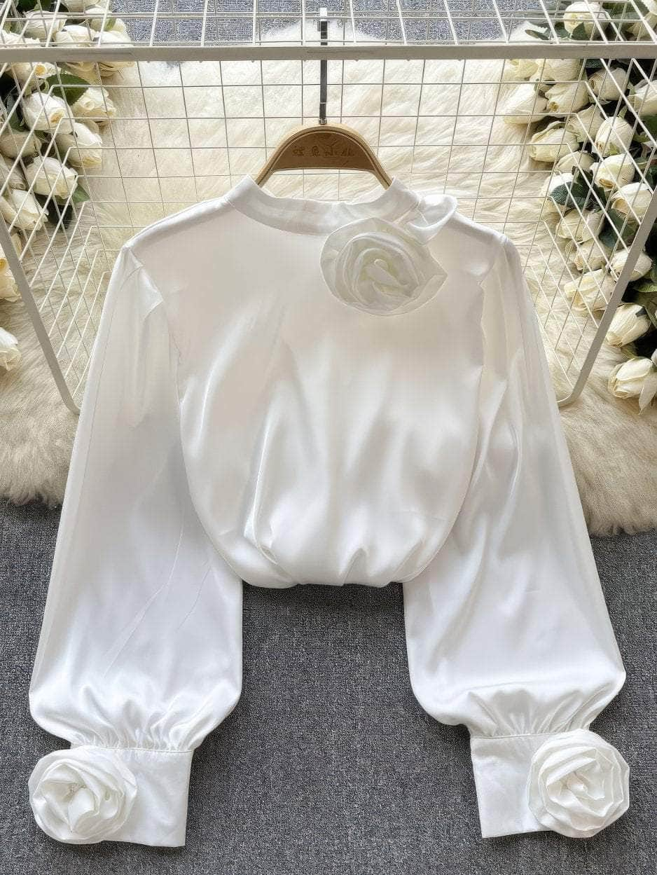 Lantern Sleeves Floral Deco Roundneck Satin Blouse MAX SIZE / White