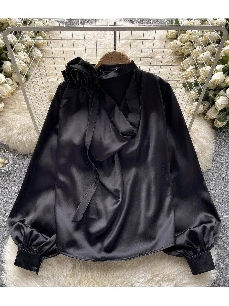 Lantern Sleeves Floral Decor Draped Neck Silk Blouse MAX SIZE / Black