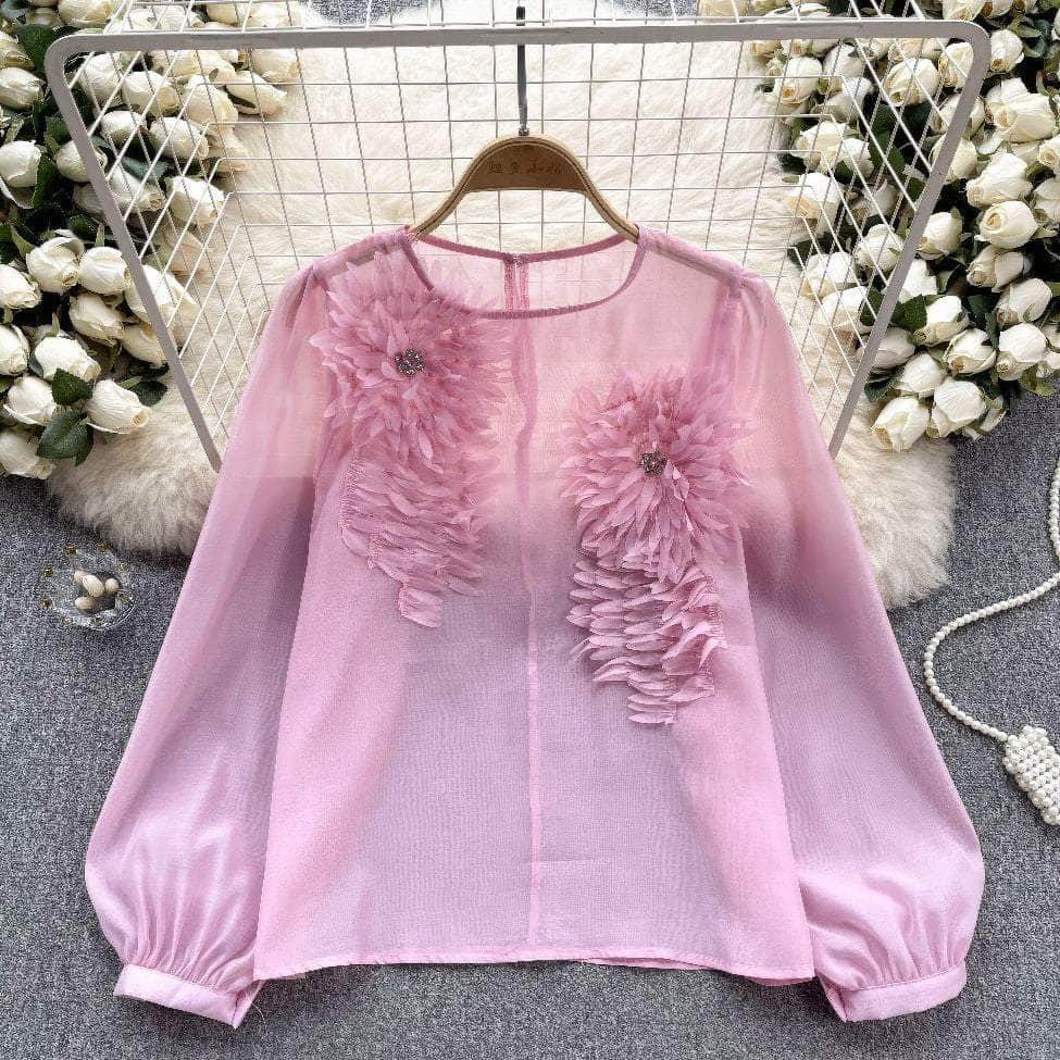 Lantern Sleeves Floral Decor Rhinestone Shirt