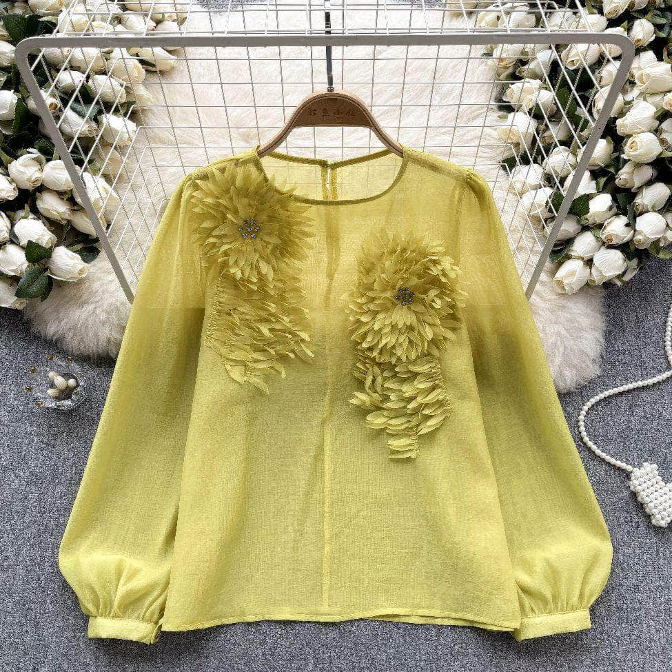 Lantern Sleeves Floral Decor Rhinestone Shirt