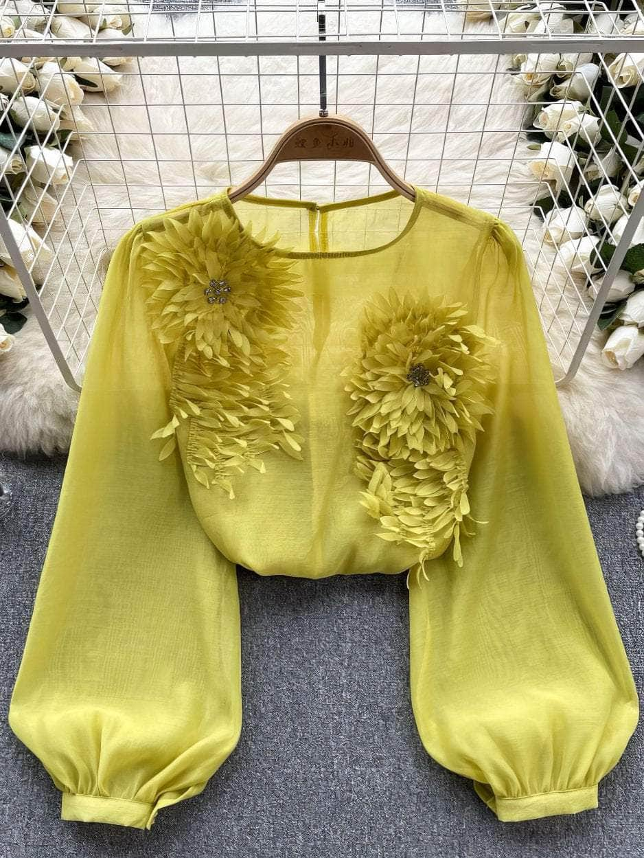 Lantern Sleeves Floral Decor Rhinestone Shirt MAX SIZE / Yellow