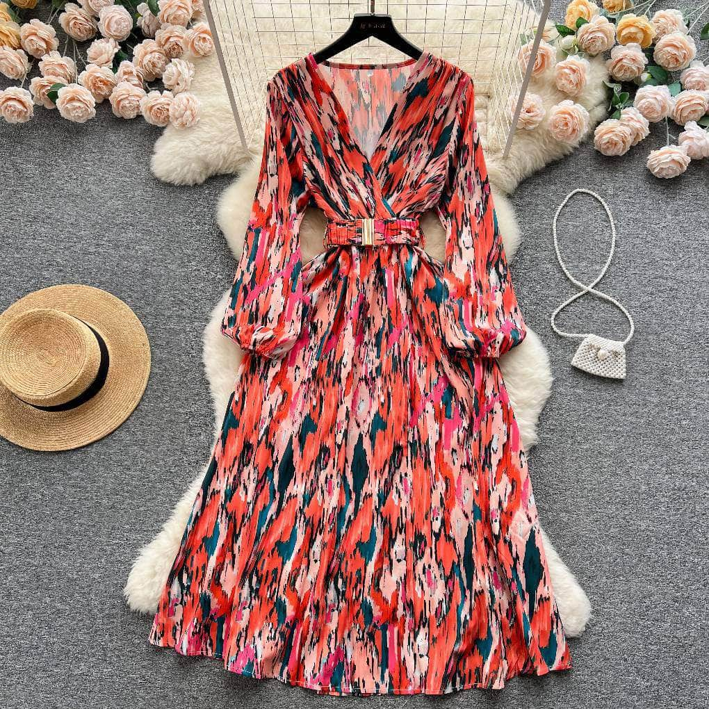 Lantern Sleeves Floral Print A-line Dress S / Red / With Belt