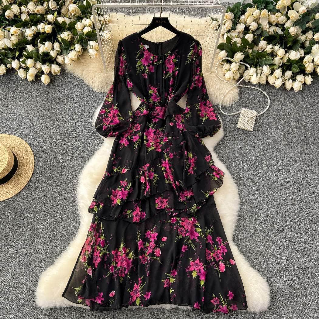 Lantern Sleeves Floral Print Tiered Dress