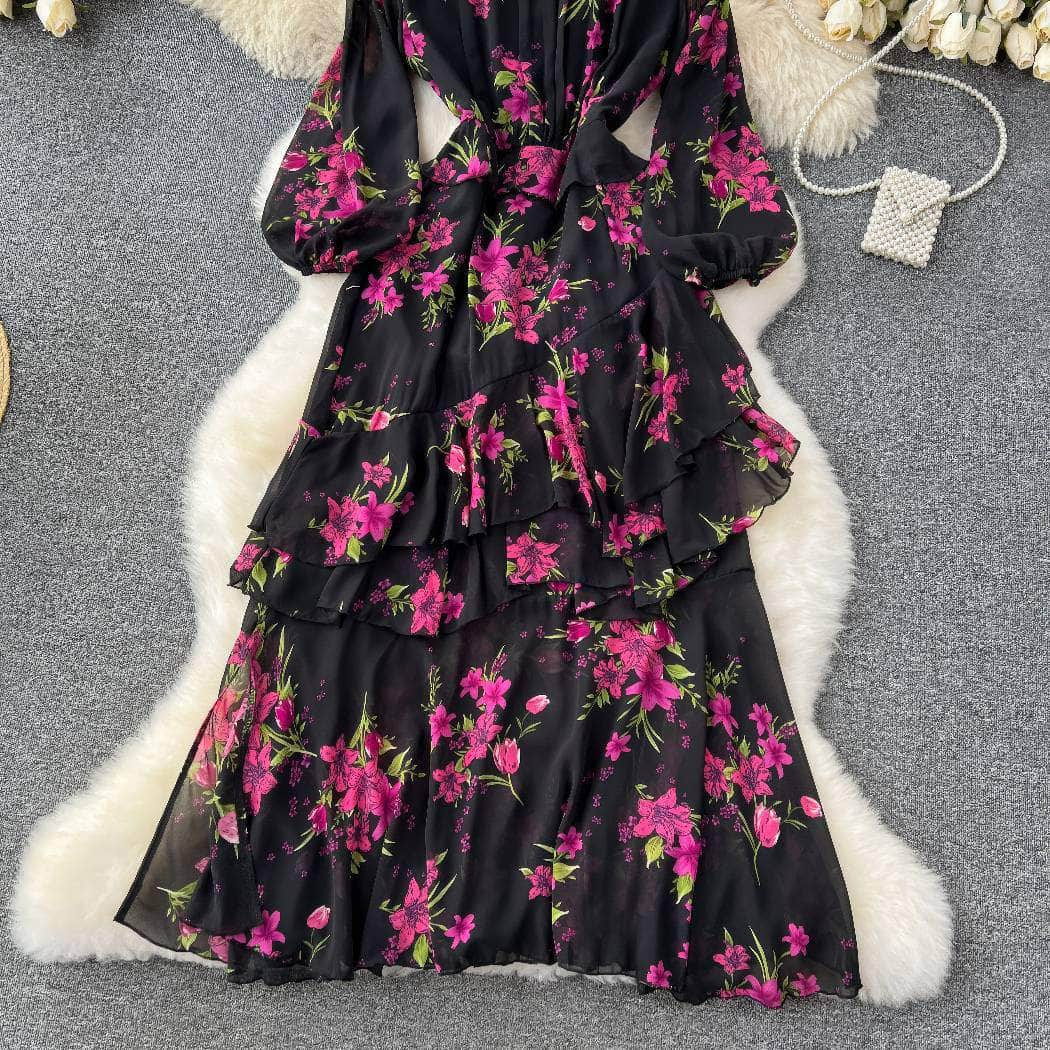 Lantern Sleeves Floral Print Tiered Dress