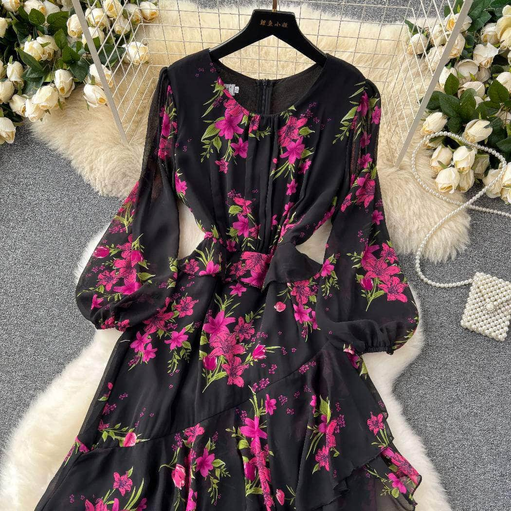 Lantern Sleeves Floral Print Tiered Dress