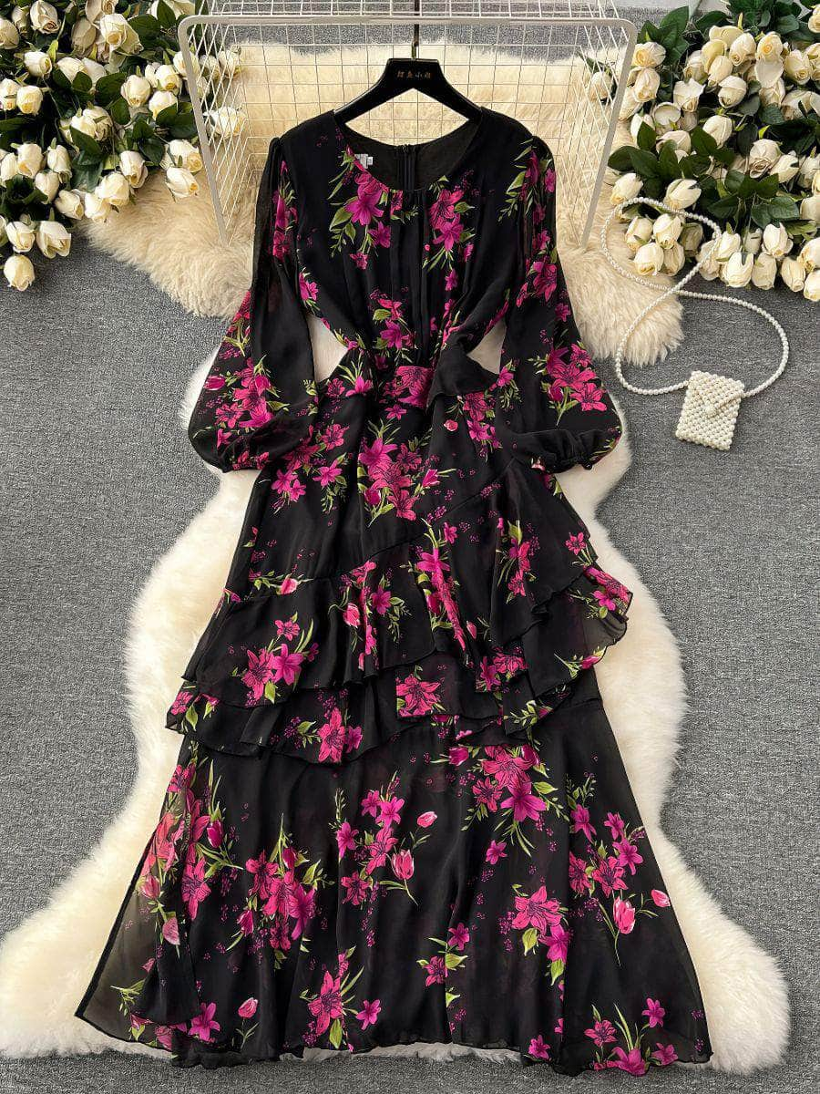 Lantern Sleeves Floral Print Tiered Dress M / Black