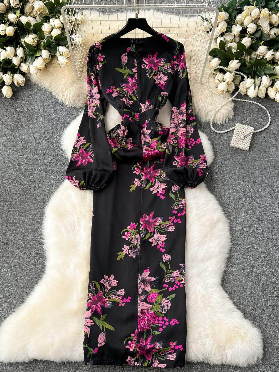 Lantern Sleeves High Waist Back Slit Floral Print Dress