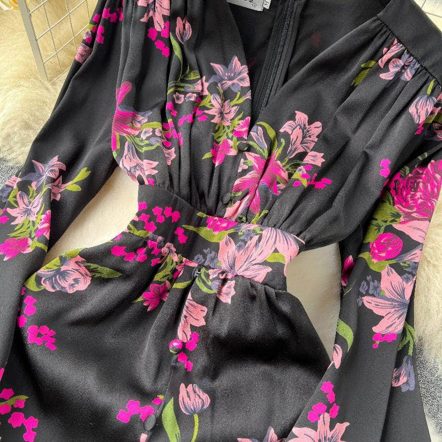 Lantern Sleeves High Waist Back Slit Floral Print Dress