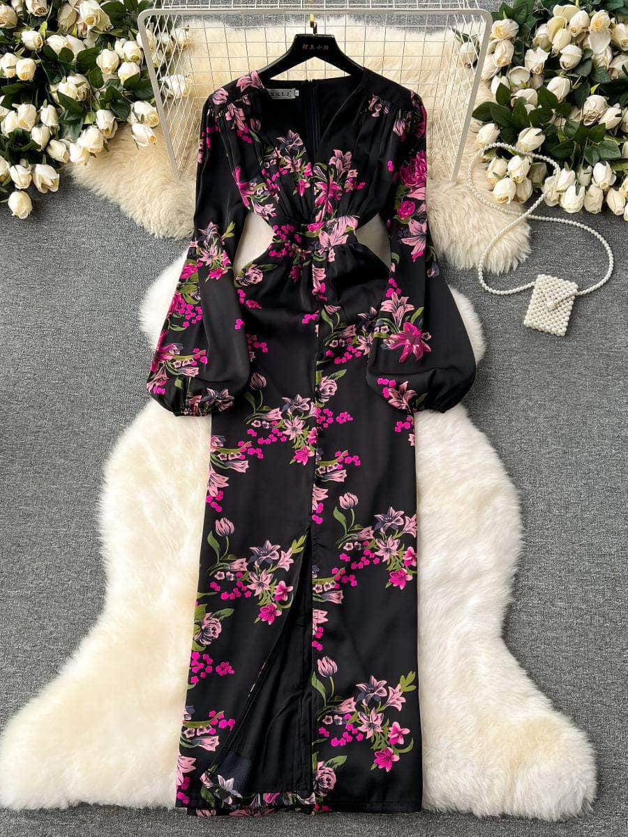 Lantern Sleeves High Waist Back Slit Floral Print Dress M / Black