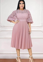 Lantern Sleeves Hollow Lace Pleated Hem Dress US 4-6 / Pink