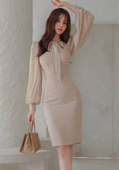 Lantern Sleeves Knot Detail Slimfit Dress S / Tan