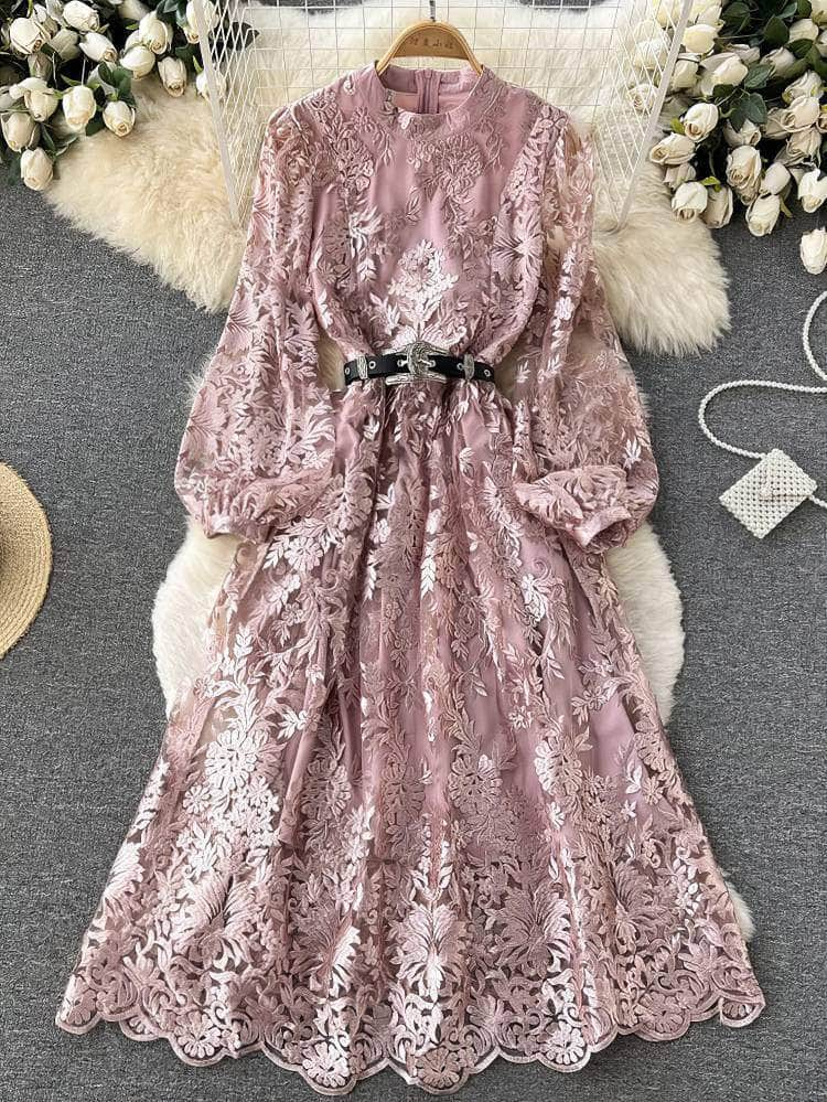 Lantern Sleeves Lace Embroidered Scalloped Hem Dress S / Pink / With Belt