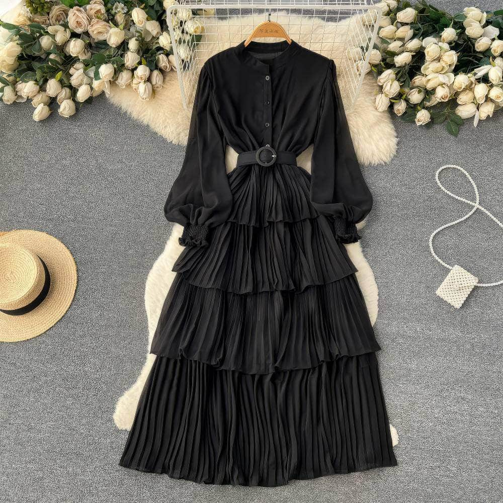 Lantern Sleeves Layered Pleated Maxi Dress MAX SIZE / Black