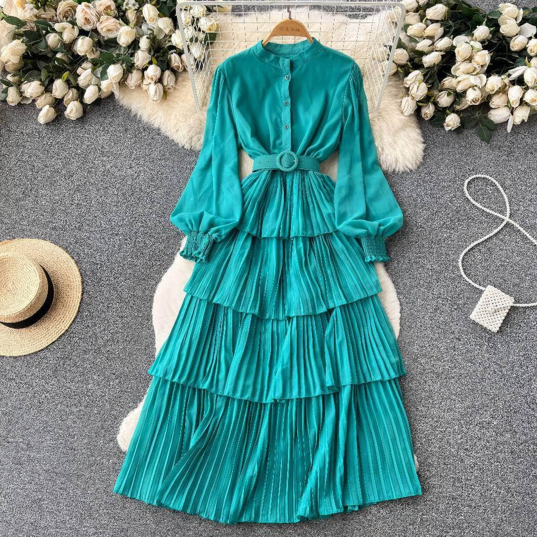 Lantern Sleeves Layered Pleated Maxi Dress MAX SIZE / MediumTurquoise