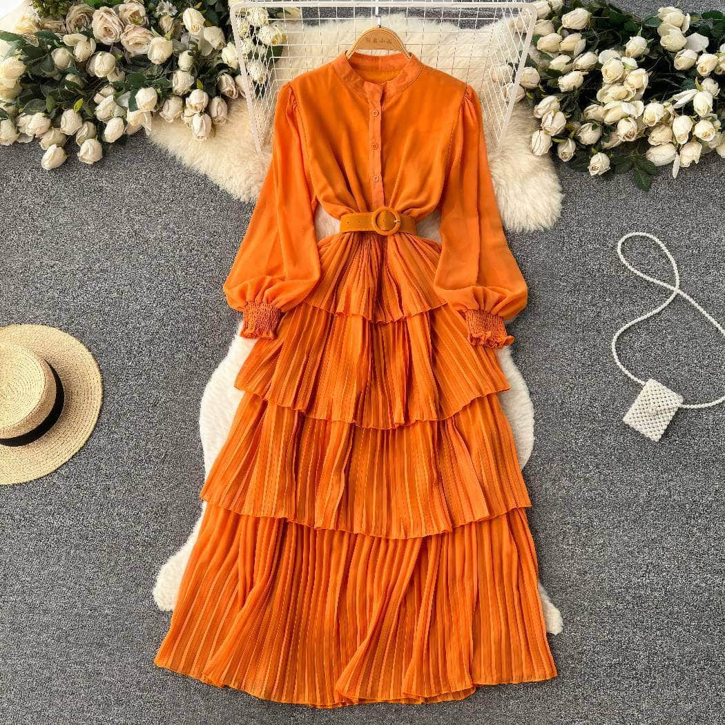 Lantern Sleeves Layered Pleated Maxi Dress MAX SIZE / Orange