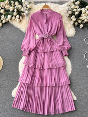 Lantern Sleeves Layered Pleated Maxi Dress MAX SIZE / Plum