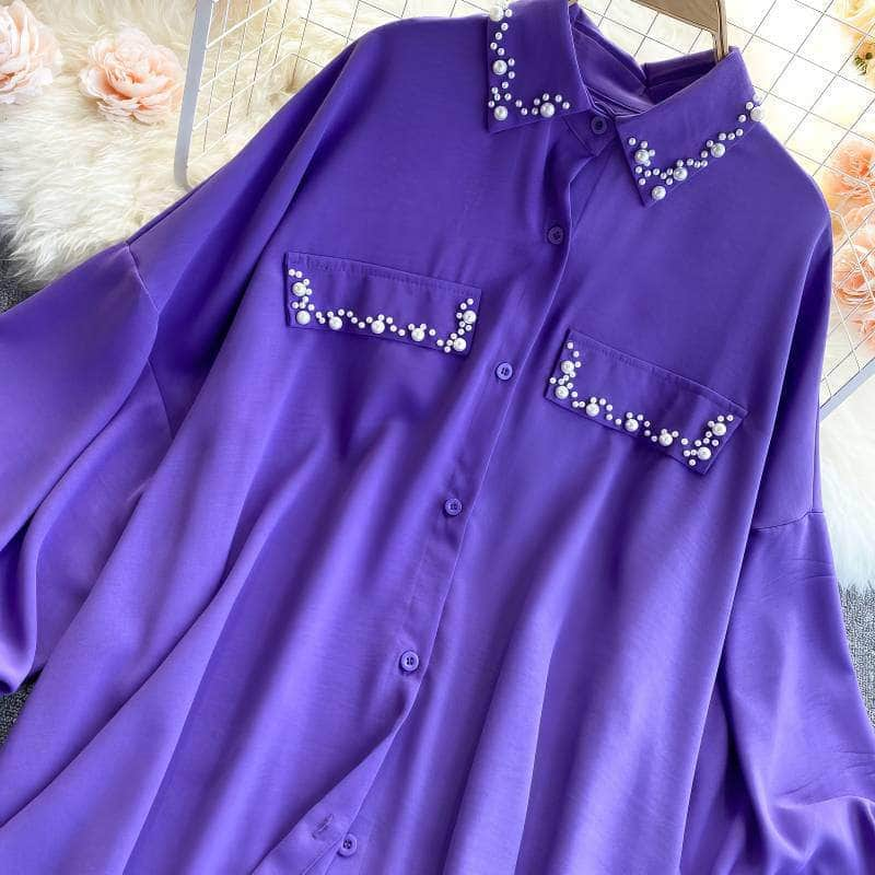 Lantern Sleeves Pearl Embellished Loose Shirt