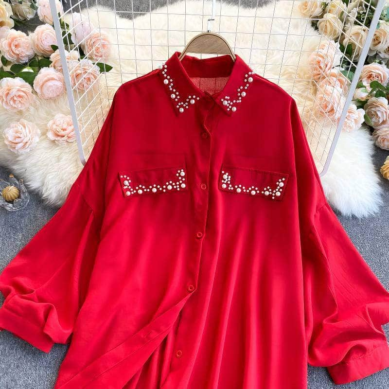 Lantern Sleeves Pearl Embellished Loose Shirt