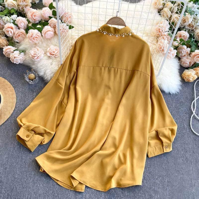 Lantern Sleeves Pearl Embellished Loose Shirt