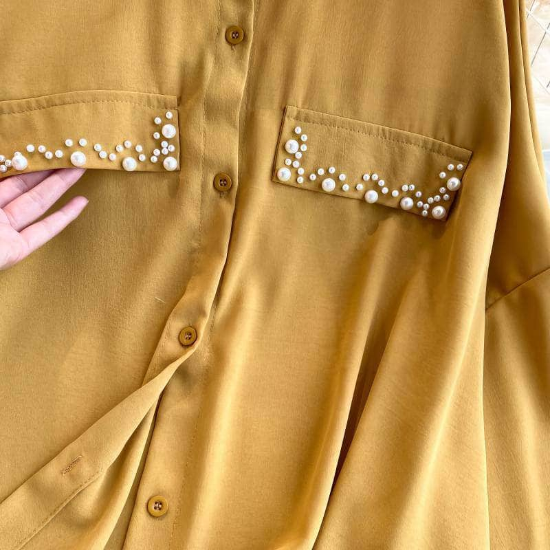 Lantern Sleeves Pearl Embellished Loose Shirt