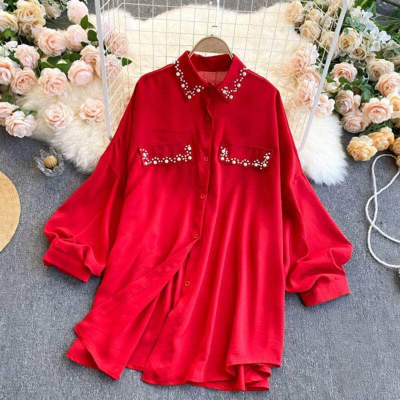 Lantern Sleeves Pearl Embellished Loose Shirt