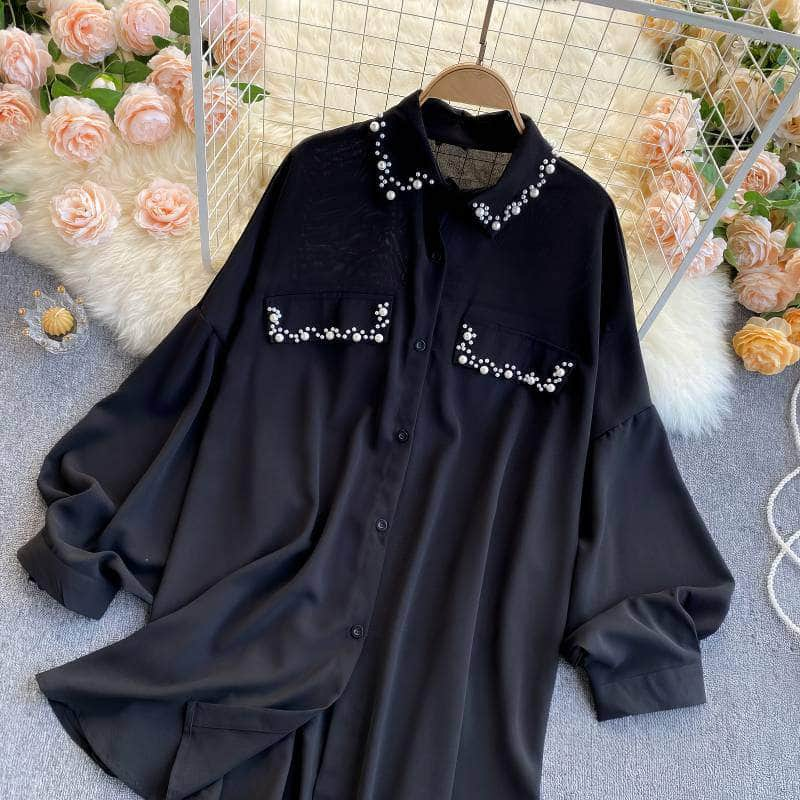 Lantern Sleeves Pearl Embellished Loose Shirt