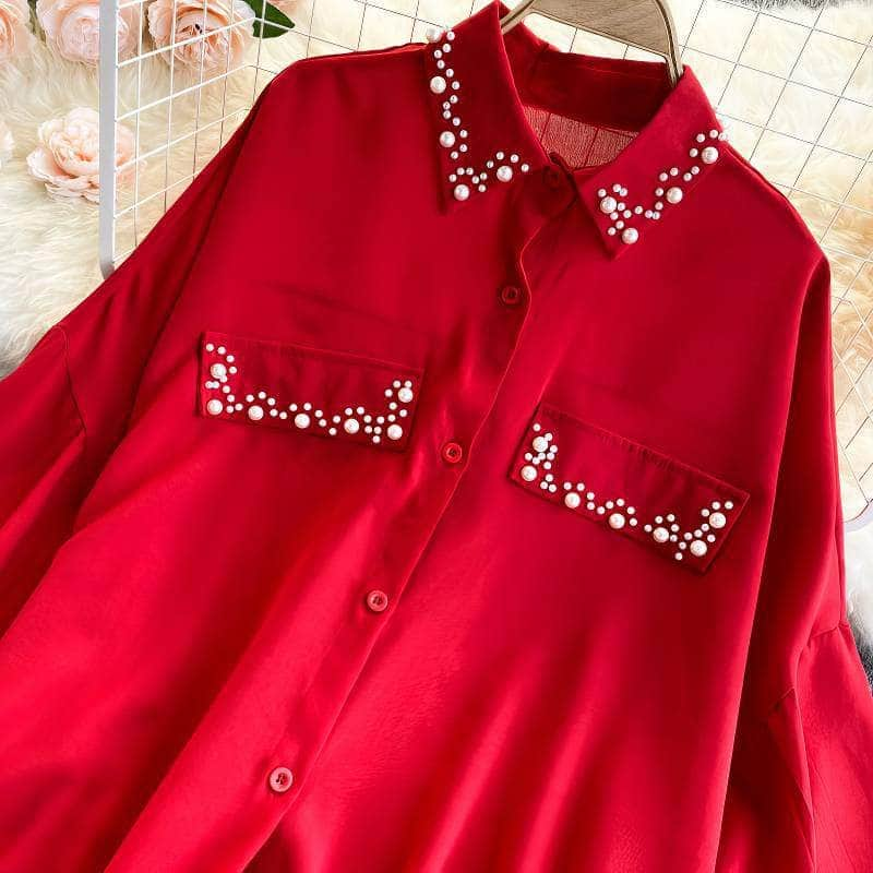 Lantern Sleeves Pearl Embellished Loose Shirt