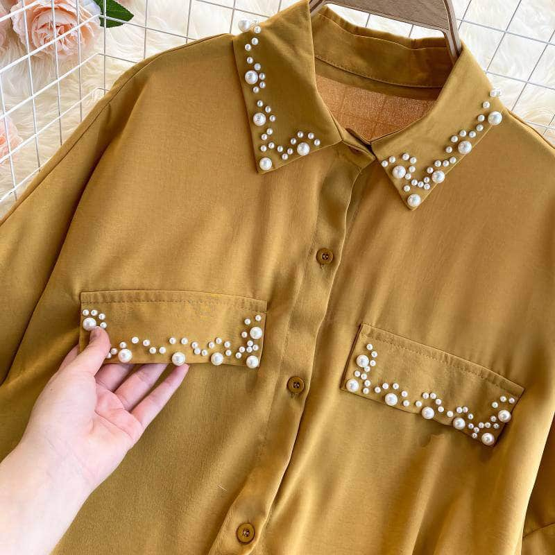 Lantern Sleeves Pearl Embellished Loose Shirt