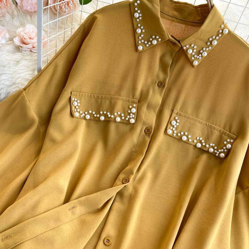 Lantern Sleeves Pearl Embellished Loose Shirt